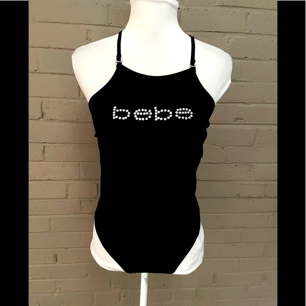 Bebe logo black one piece swimsuit M